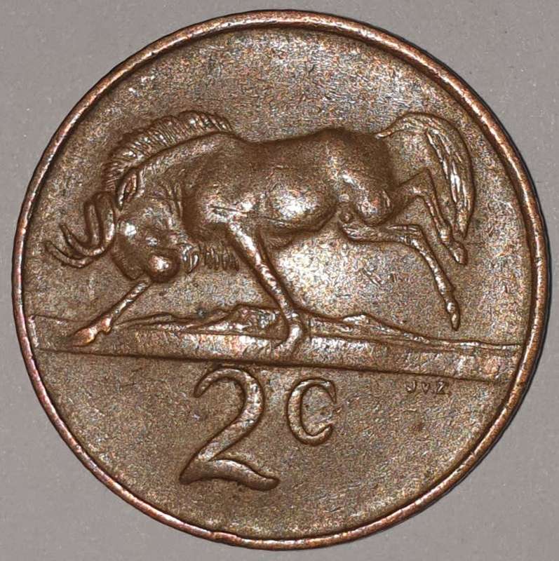 1981 - 2 CENT COIN (TWO CENT COIN) - RSA - BRONZE - KM#83 - BILINGUAL LEGEND - WILDEBEEST